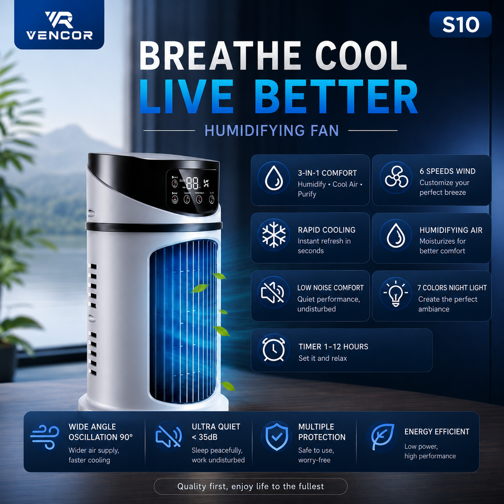 مكيف هواء محمول 3 في 1 VENCOR S10 – تبريد، ترطيب وتنقية الهواء