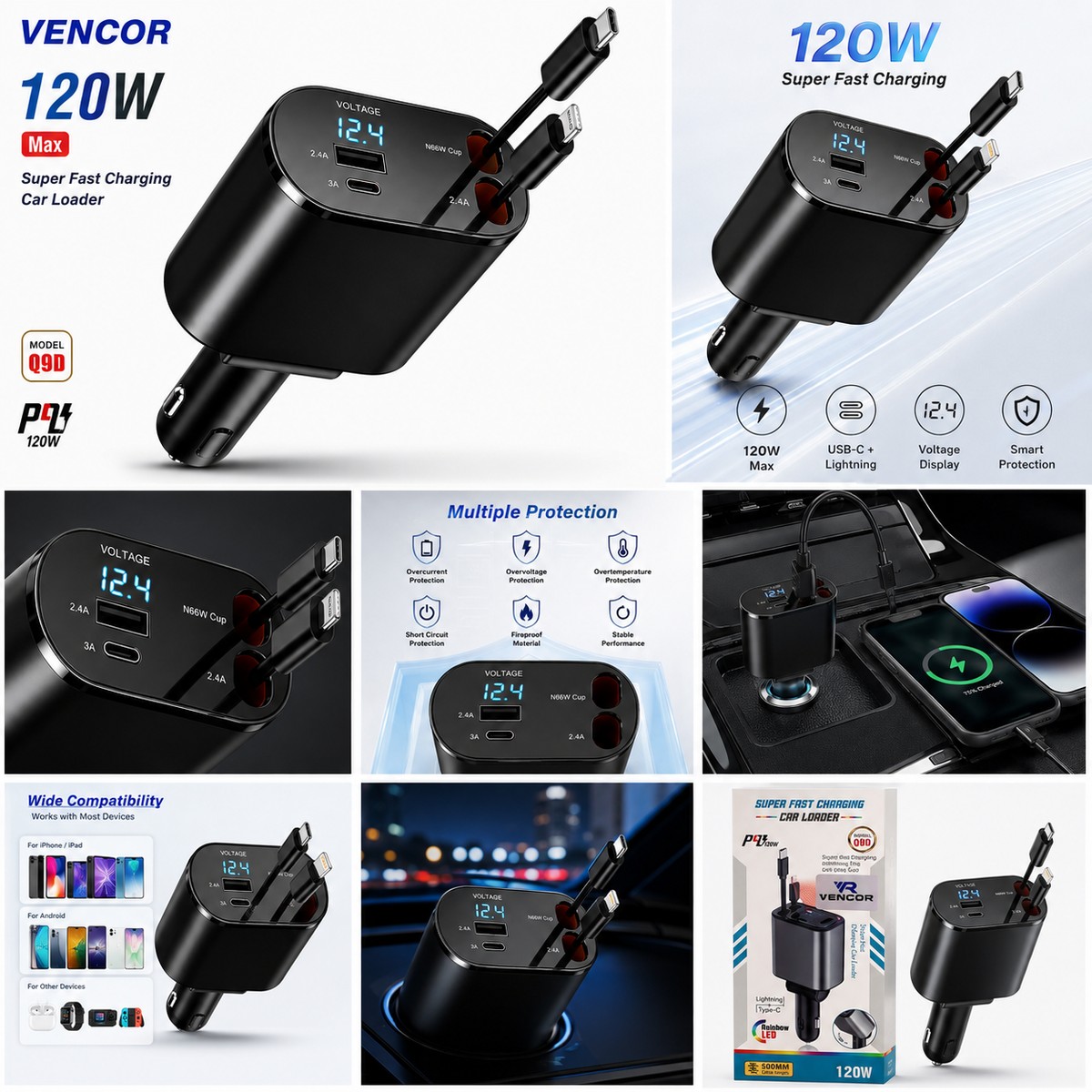 شاحن سيارة VENCOR Q9D بقوة 120 واط مع كابلين مدمجين (Type-C + Lightning) وشاشة عرض الجهد
