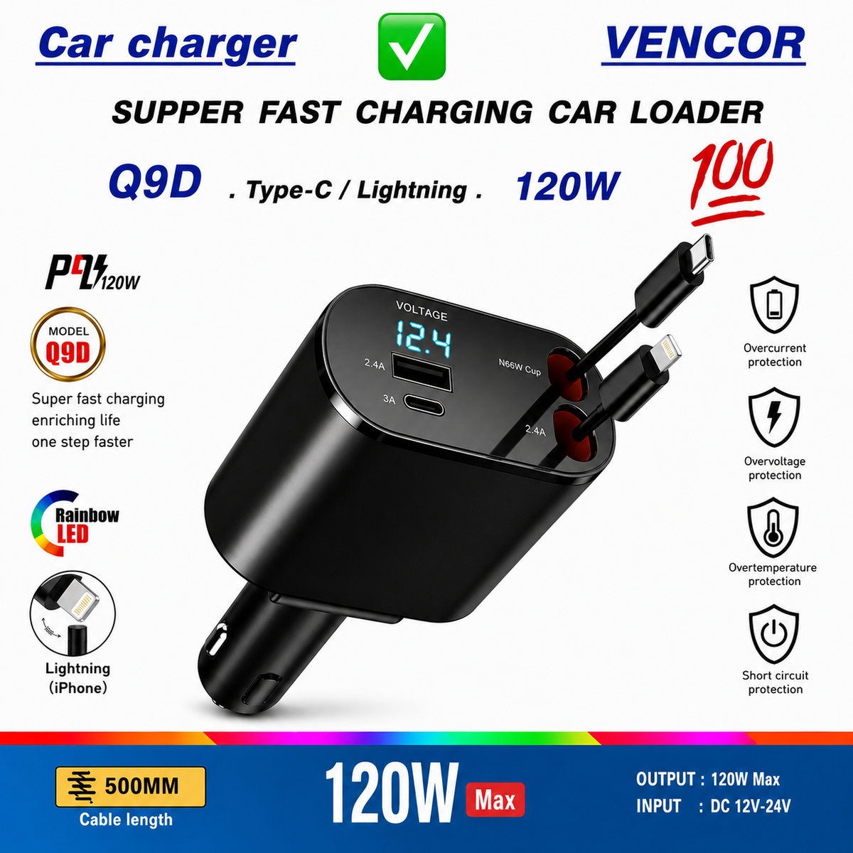 شاحن سيارة VENCOR Q9D بقوة 120 واط مع كابلين مدمجين (Type-C + Lightning) وشاشة عرض الجهد
